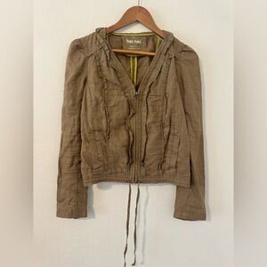 Anthropologie Hei Hei Linen Jacket Pintuck Ruffles Zip Up Khaki Size 6